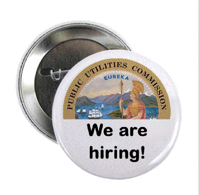 Image of a pin button with the CPUC seal and the words "We are hiring!"