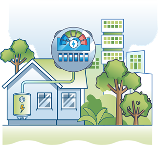 Graphic displaying a house with an electric HVAC system, trees, and tall buildings in the background. 