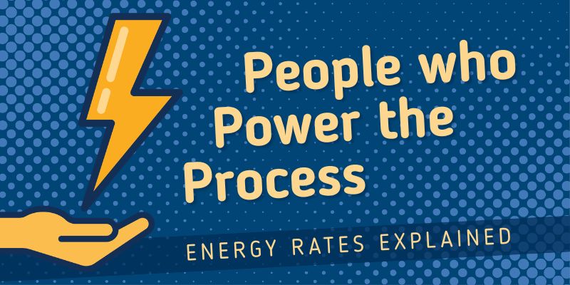 Graphic with blue background and yellow text that reads "people who power the process, energy rates explained" with a lightning bolt symbol. 