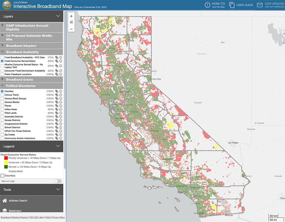 Screenshot of the California Interactive Broadband Map.