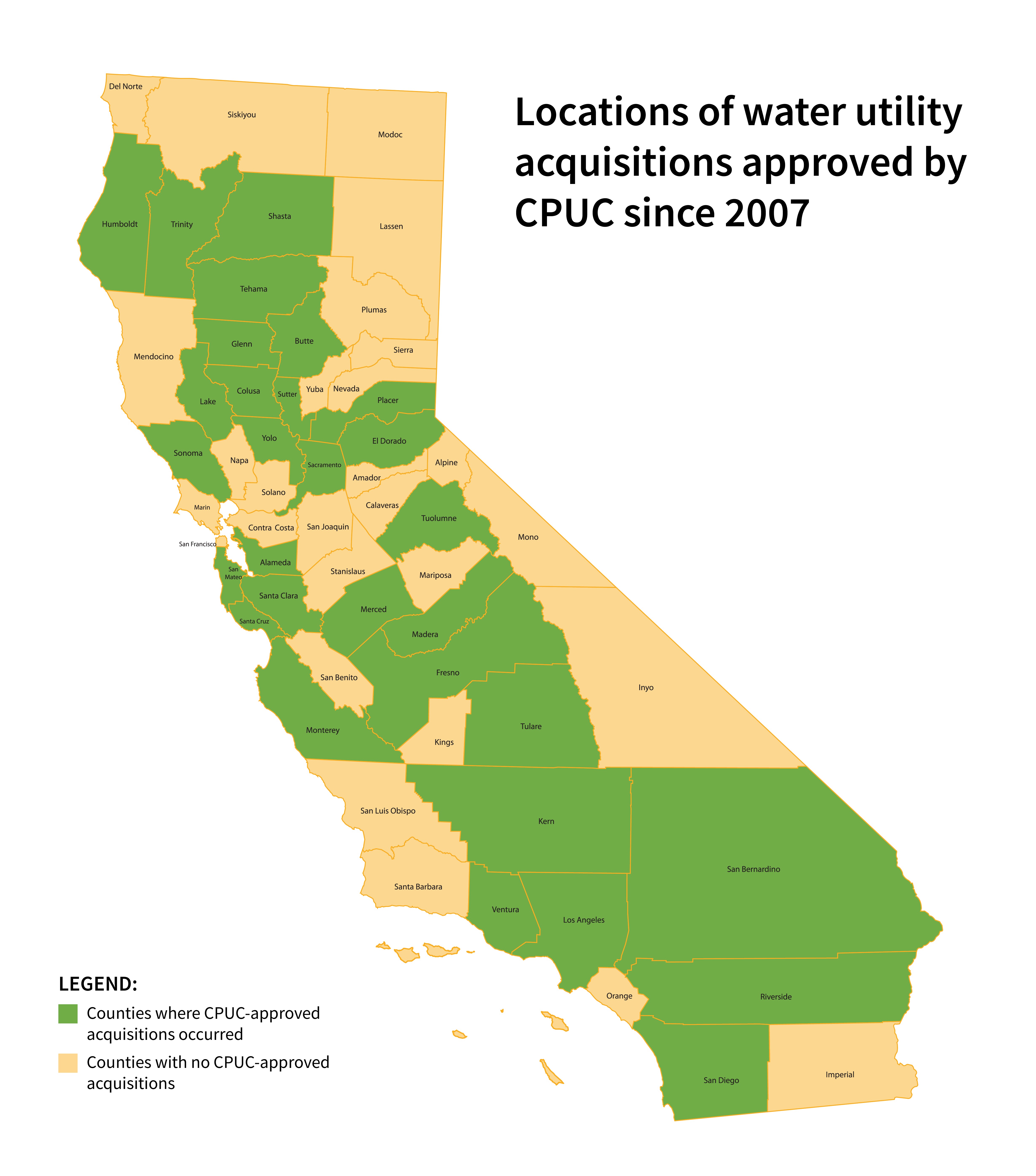Map showing where water utility acquisitions took place in California  