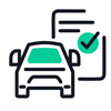 icon of car with qualification check mark behind it